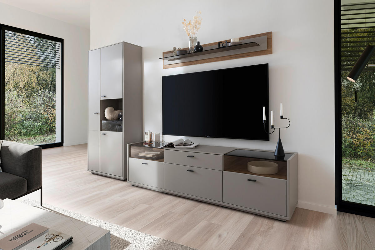 REGAL ZA DNEVNI BORAVAK siva, boje hrasta   - siva/boje hrasta, Design, staklo/drvni materijal (301/200/44cm) - Stylife