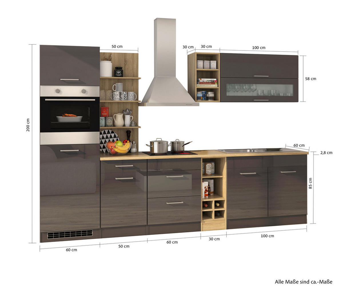KÜCHENLEERBLOCK 300 cm   in Graphitfarben  - Silberfarben/Graphitfarben, MODERN, Holzwerkstoff/Metall (300cm) - Held