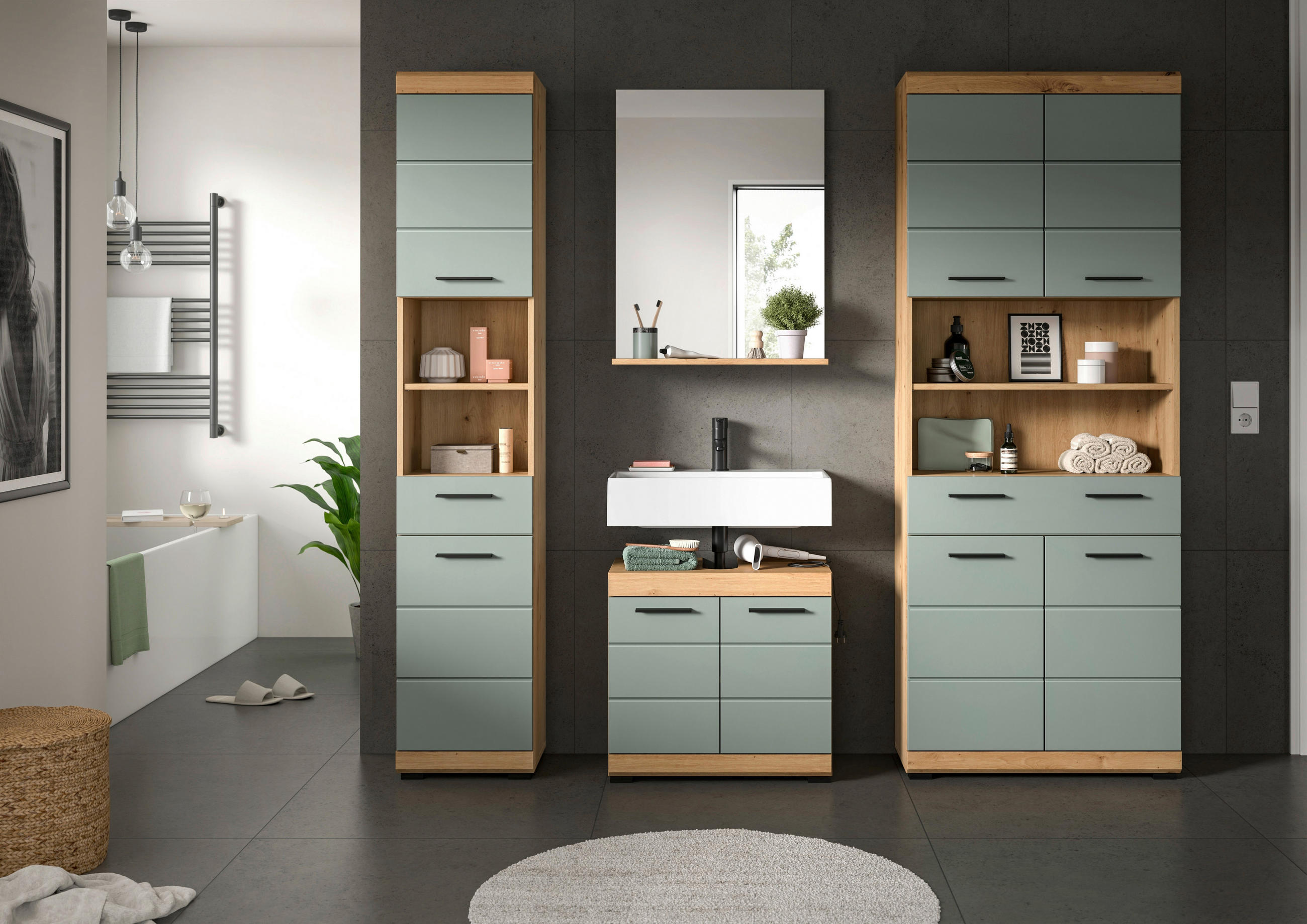 BADEZIMMER 4-teilig  in  - Salbeigrün/Schwarz, MODERN, Holzwerkstoff/Kunststoff (186/191/34cm) - MID.YOU