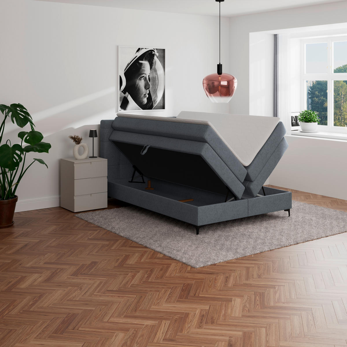 BOXSPRINGBETT 140/200 cm,  in Blaugrau, H3 = fest  - Blaugrau/Schwarz, KONVENTIONELL, Kunststoff/Textil (140/200cm)