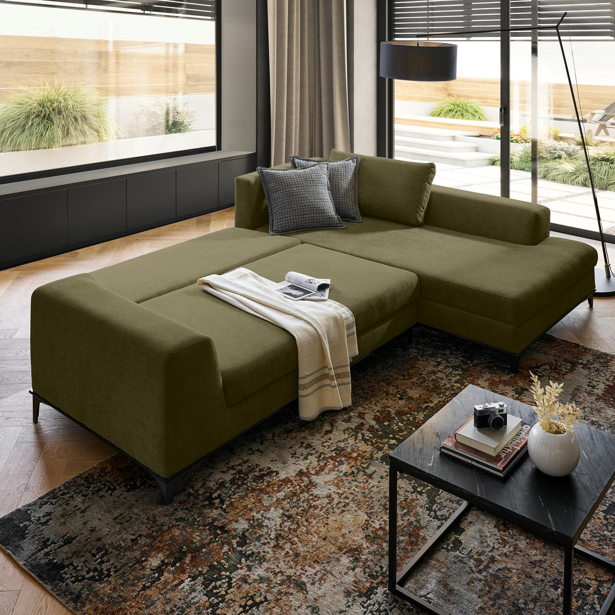 ECKSOFA inkl. Funktionen Olivgrün Webstoff Rückenkissen, Bettkasten, Schlaffunktion, Rücken echt  - Wengefarben/Schwarz, Design, Holz/Textil (314/211cm) - Stylife