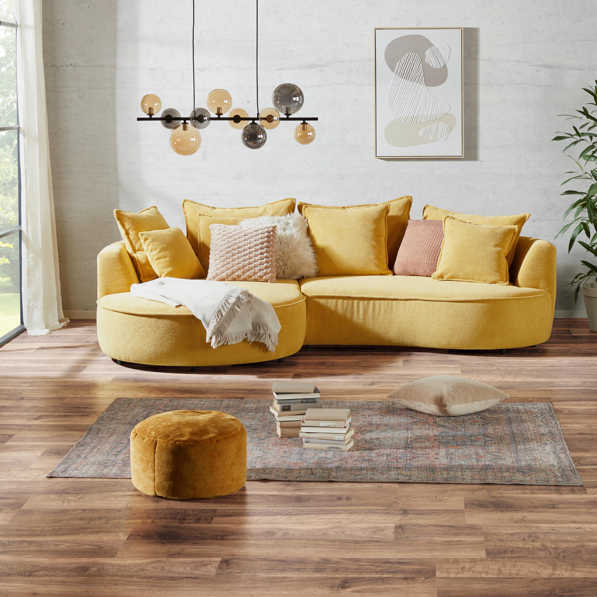 ECKSOFA in Velours, Struktur Senfgelb  - Senfgelb/Schwarz, Modern, Kunststoff/Textil (168/287cm) - Livetastic