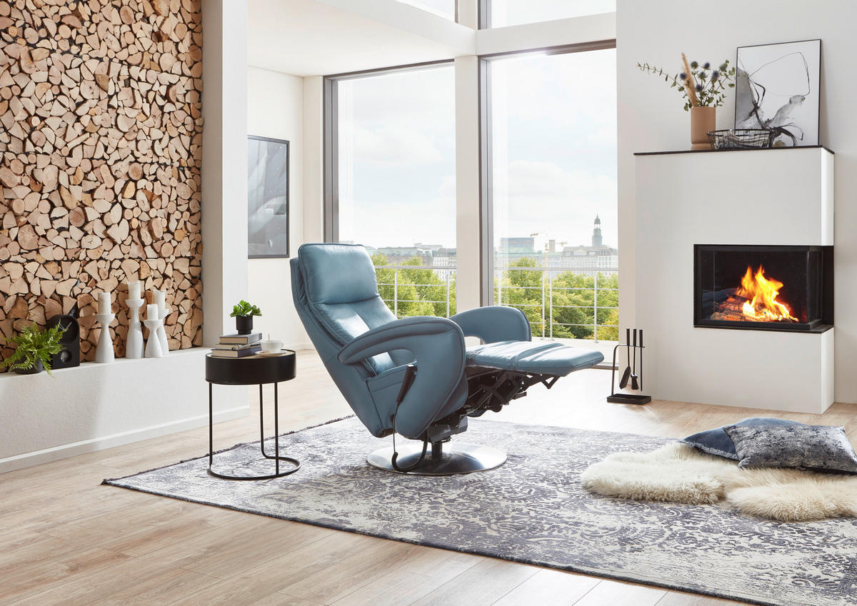 RELAXSESSEL in Leder Blau  - Chromfarben/Blau, Design, Leder/Metall (77/110/87cm) - Valdera