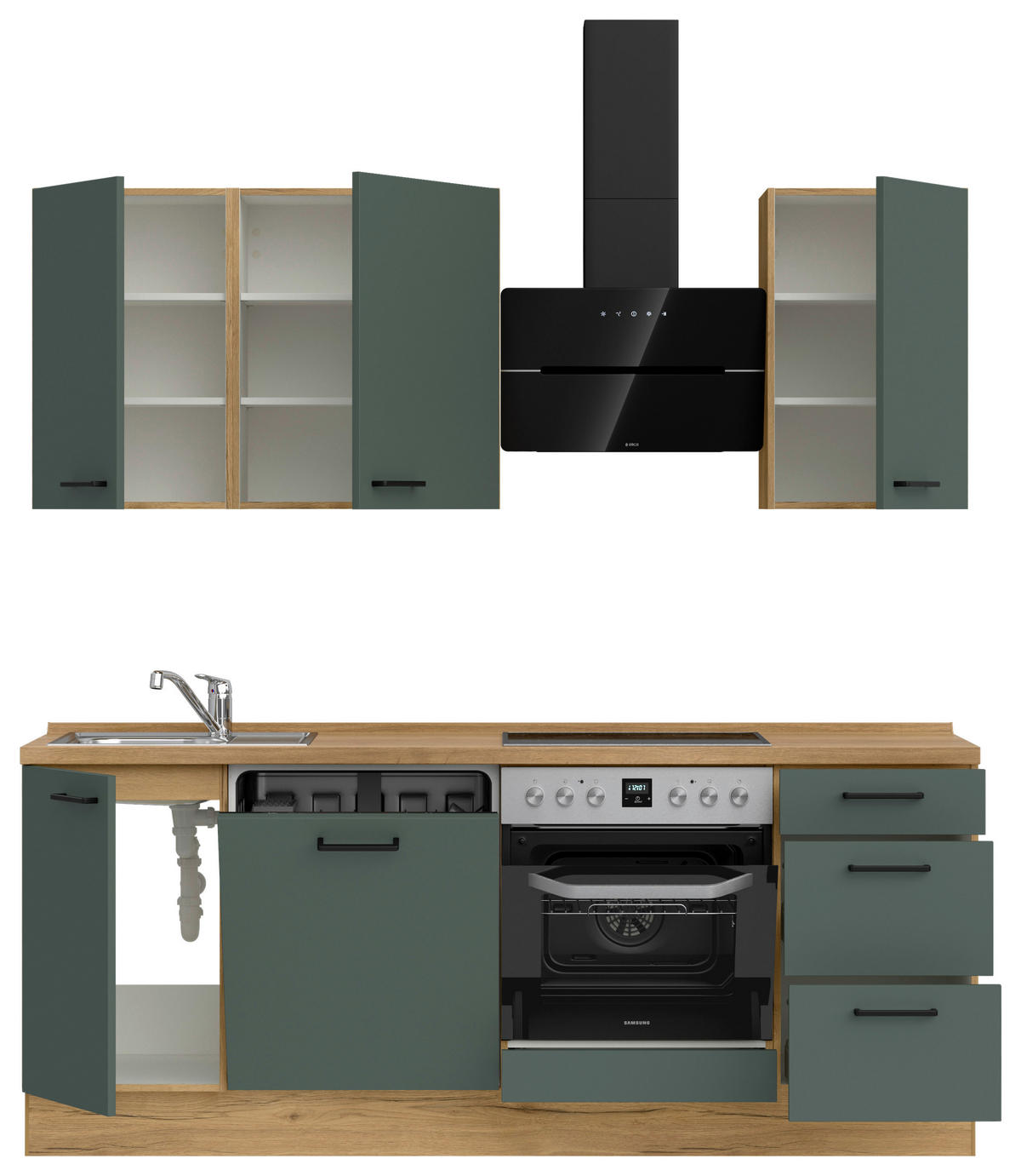 KÜCHENBLOCK Easytouch 210 cm  in Eichefarben, Dunkelgrün  - Dunkelgrün/Eichefarben, MODERN, Holzwerkstoff/Metall (210cm) - Nobilia