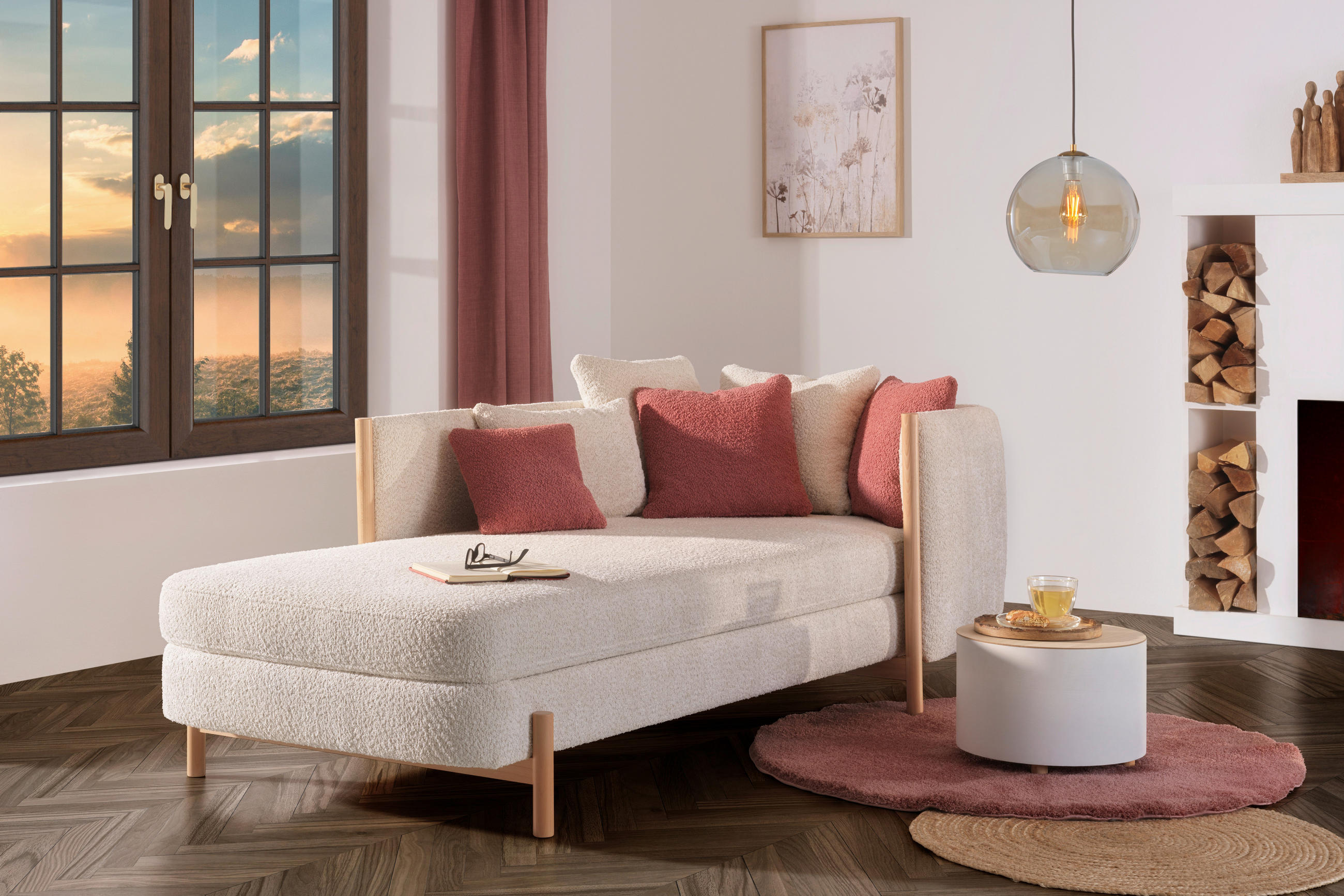 RÉCAMIERE Creme Plüsch  - Creme/Naturfarben, Design, Holz/Textil (216/90/109cm) - Niels Andersson