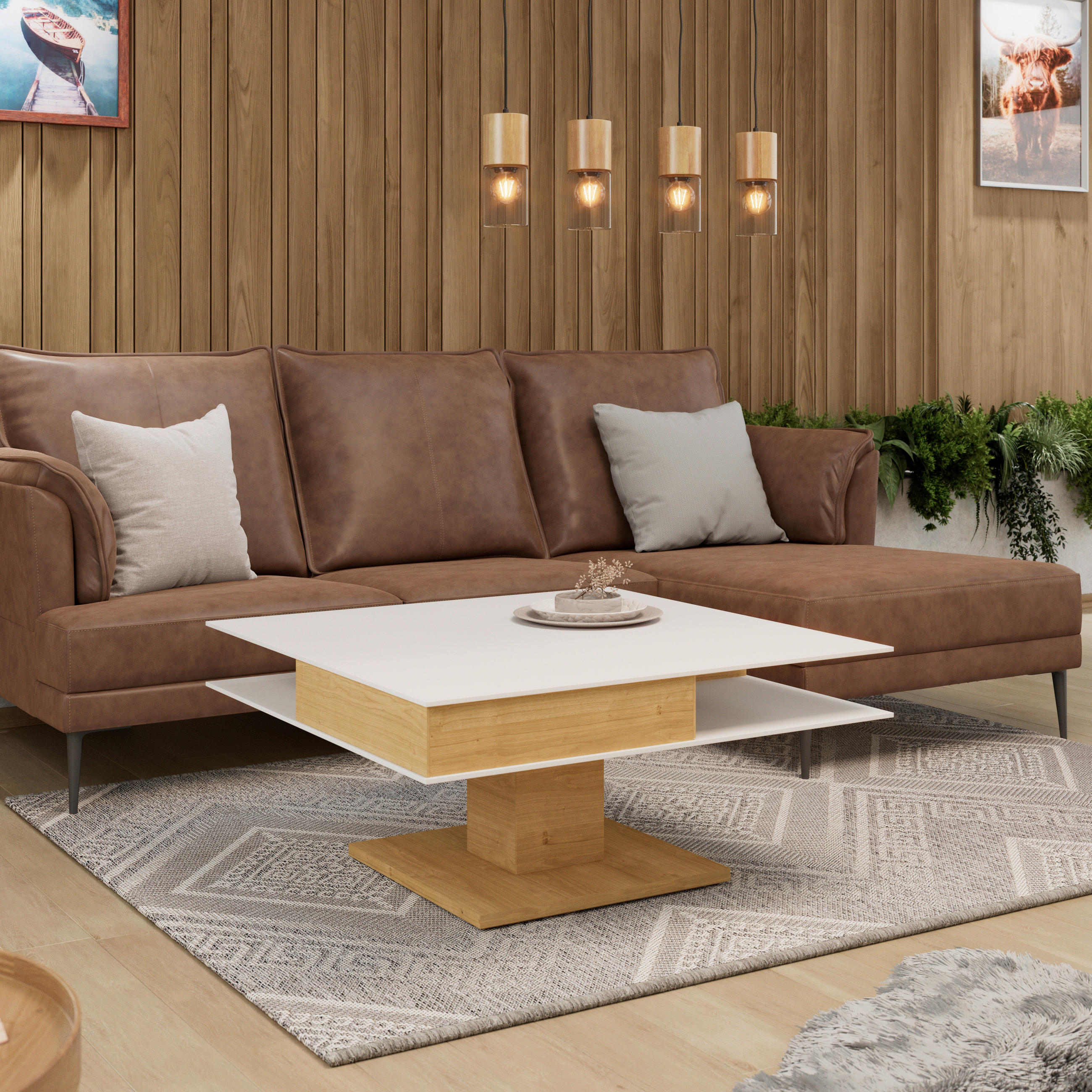 COUCHTISCH Wildeiche furniert Farbglas 90/90/35,5 cm quadratisch Grau, Eichefarben  - Eichefarben/Grau, Design, Glas/Holz (90/90/35,5cm) - Voglauer