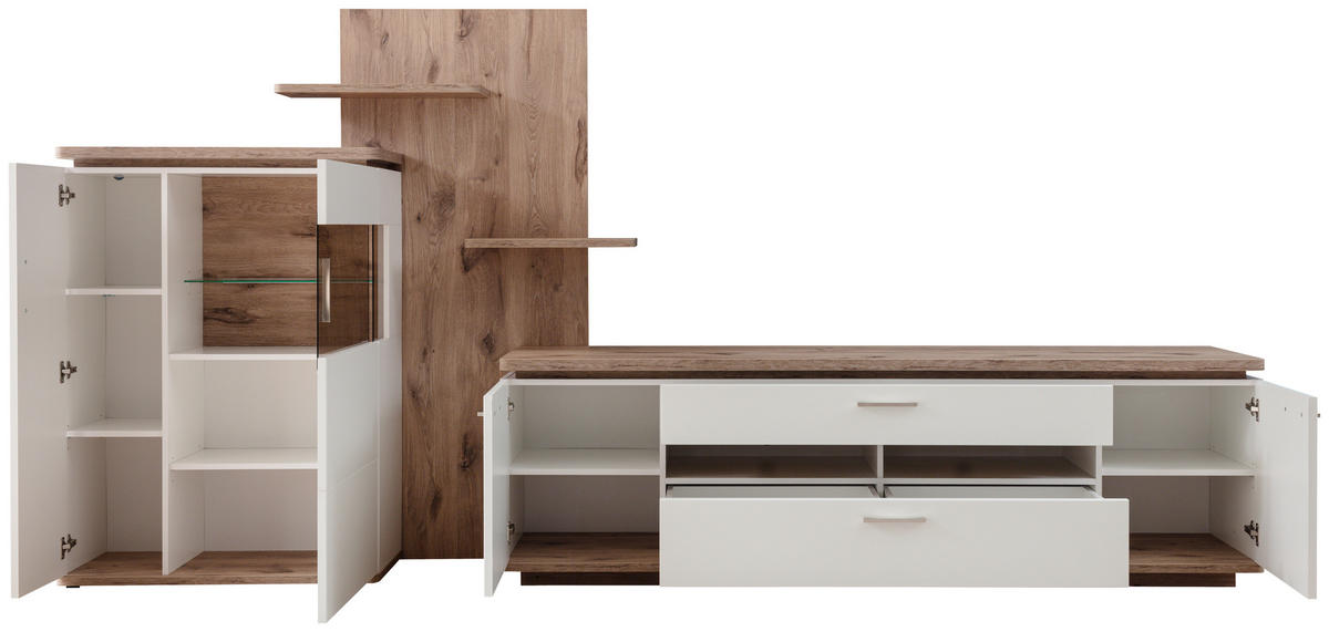 WOHNWAND 3-teilig  in Weiss, Eichefarben 305/168/50 cm  - Weiss/Eichefarben, Design, Glas/Holzwerkstoff (305/168/50cm) - Livetastic