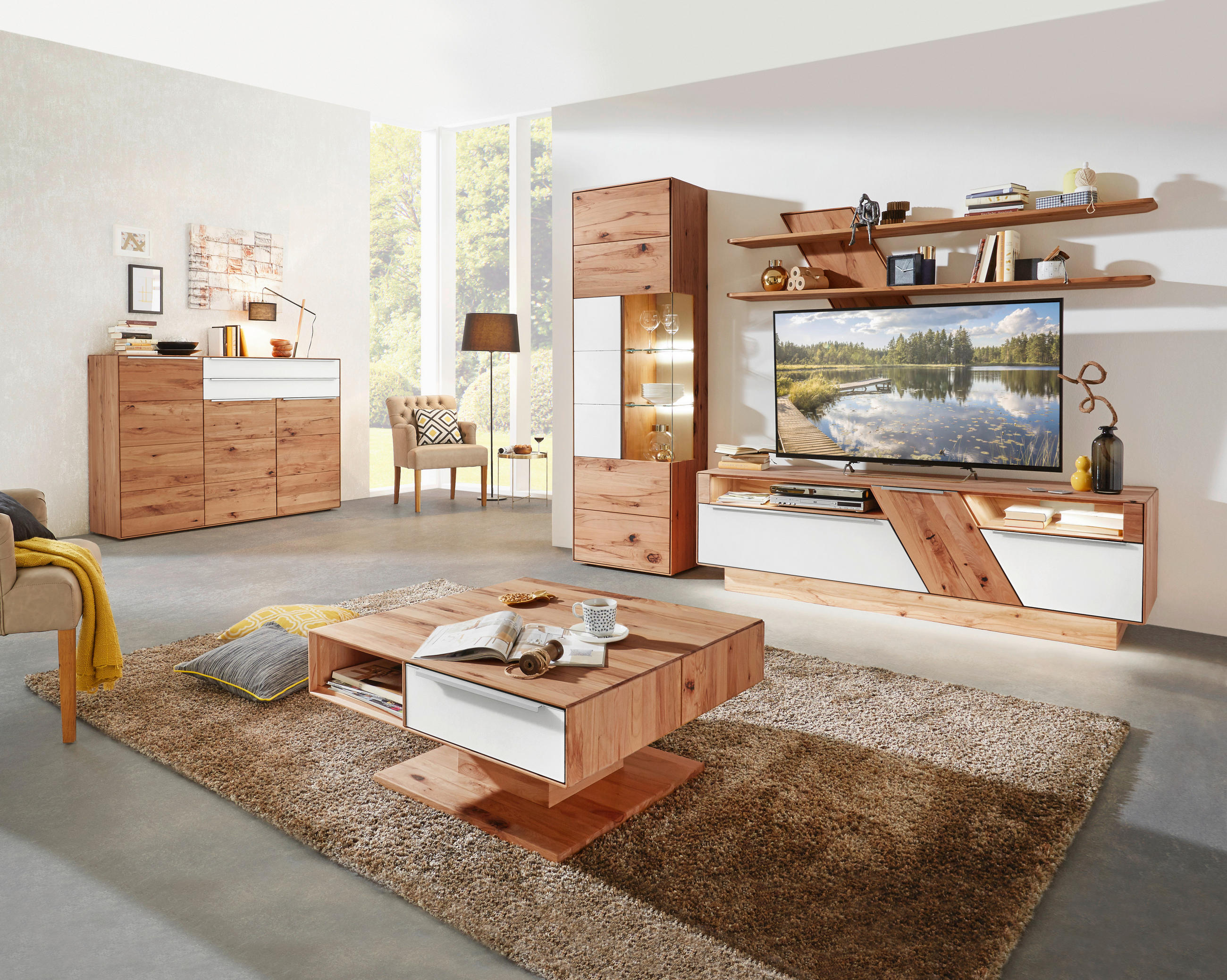 WOHNWAND Sonia  in Weiß, Buchefarben  274/206/54 cm  - Edelstahlfarben/Buchefarben, Design, Glas/Holz (274/206/54cm) - Valnatura