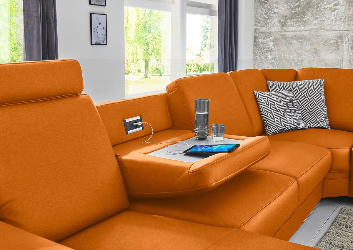 WOHNLANDSCHAFT  in Echtleder Orange  - Alufarben/Orange, KONVENTIONELL, Leder/Metall (165/329/239cm) - Beldomo Premium