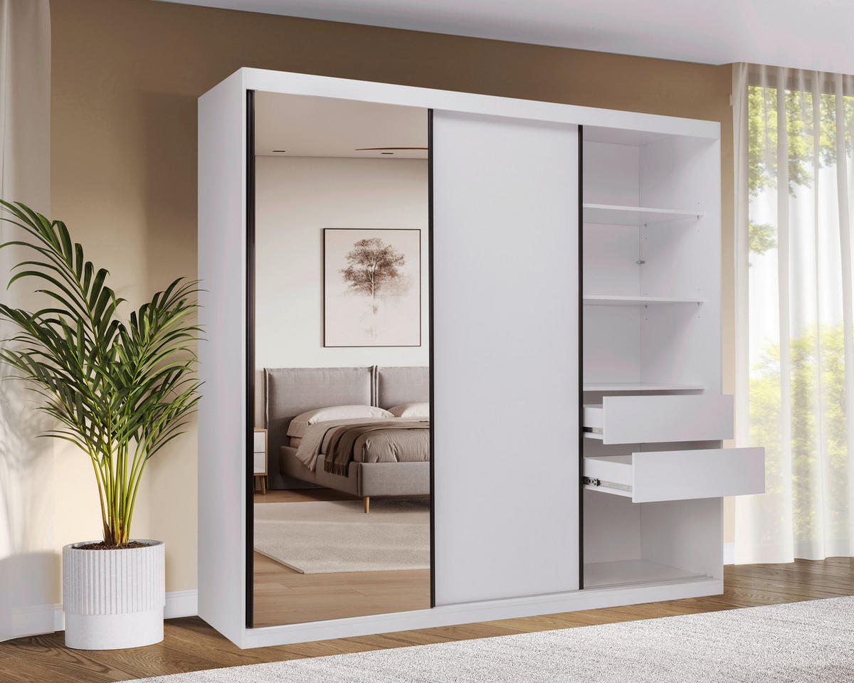 SCHIEBETÜRENSCHRANK 250/215/59,5 cm 3-türig Weiß  - Schwarz/Weiß, MODERN, Holzwerkstoff/Metall (250/215/59,5cm) - MID.YOU