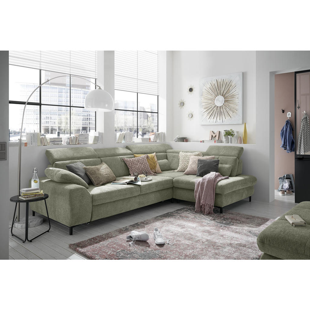 Thumbnail - SetOne by Musterring Ecksofa, Grün, Textil, 3-Sitzer, Ottomane rechts, L-Form, 314x220 cm, Bettkasten erhältlich, Fußaus...