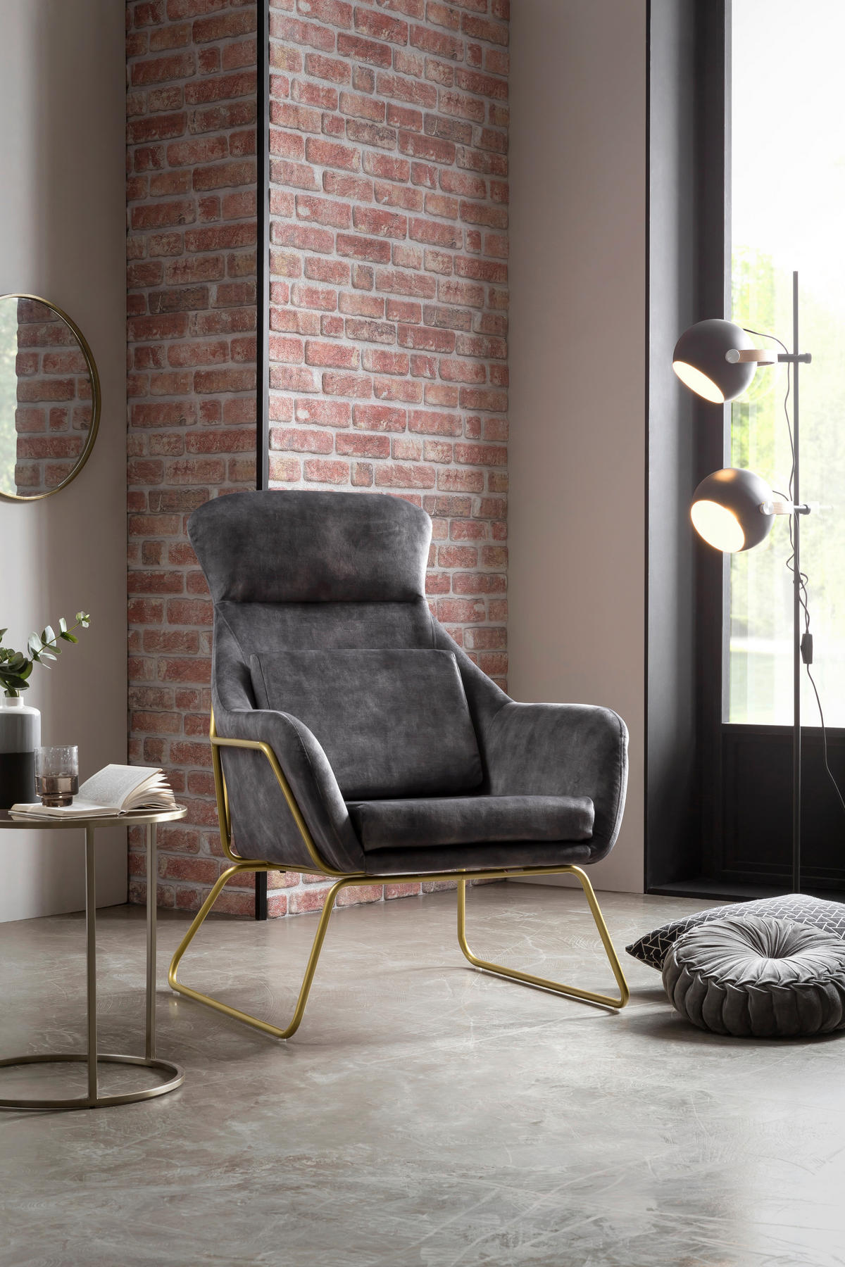 SESSEL in Samt, Velours Grau  - Messingfarben/Grau, MODERN, Textil/Metall (73/102/80cm) - Livetastic