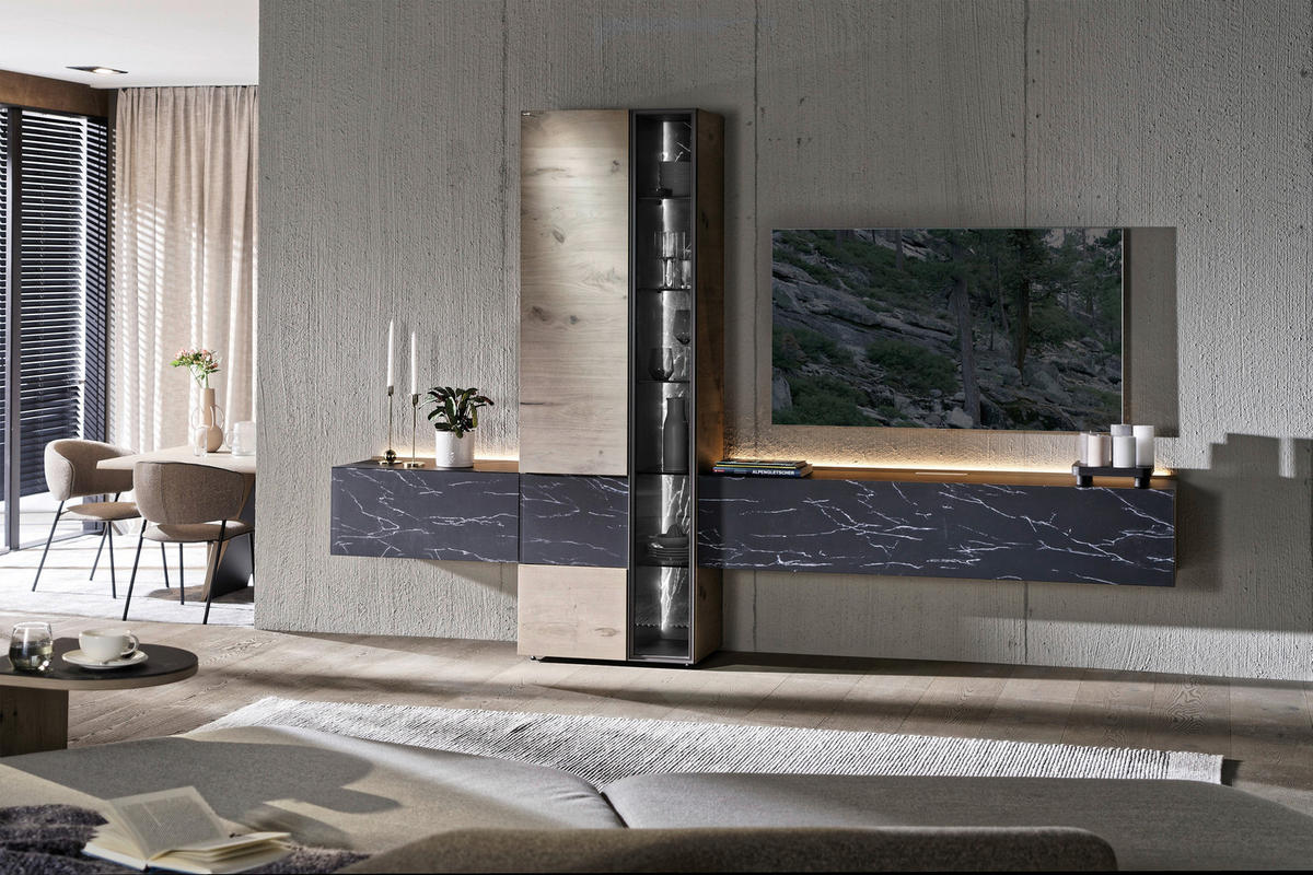 WOHNWAND  in Schwarz, Weiss, Wildeiche 296/194/42,6 cm  - Wildeiche/Weiss, Natur, Glas/Holz (296/194/42,6cm) - Voglauer