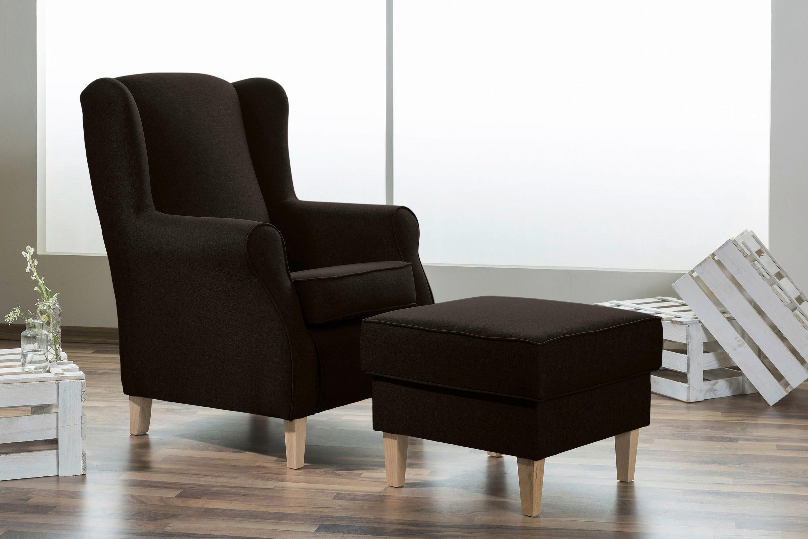 OHRENSESSEL Flachgewebe Dunkelbraun  - Dunkelbraun/Buchefarben, Design, Holz/Textil (77/103/86cm) - Max Winzer