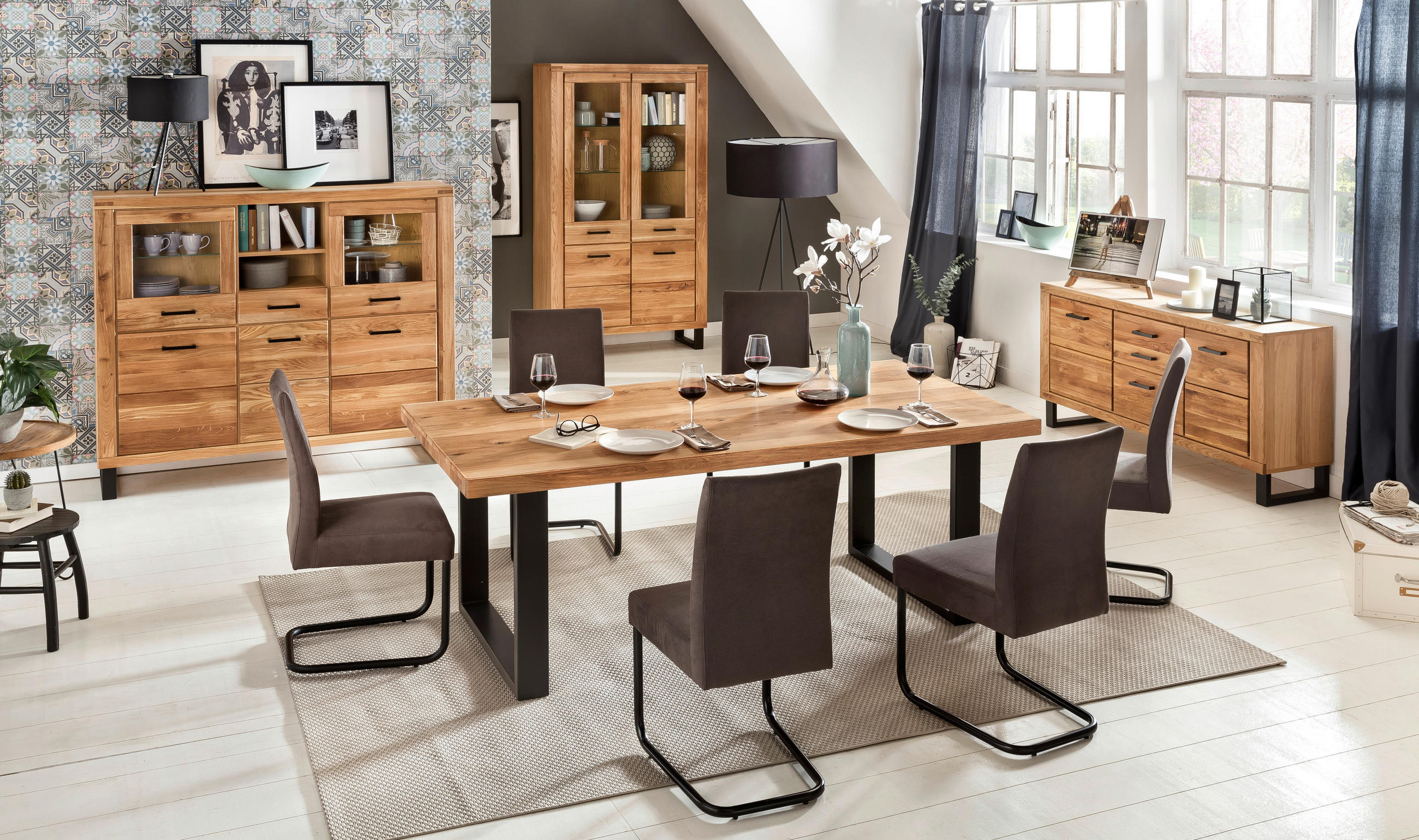 HIGHBOARD Eiche furniert Schwarz, Eichefarben Einlegeböden  - Eichefarben/Schwarz, Basics, Glas/Holz (158/140/40cm) - Carryhome