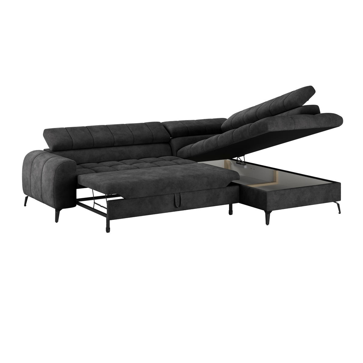 ECKSOFA Schwarz Bettkasten, Rücken echt, Kopfteilverstellung  - Schwarz, Trend, Kunststoff/Textil (261/203cm) - Livetastic