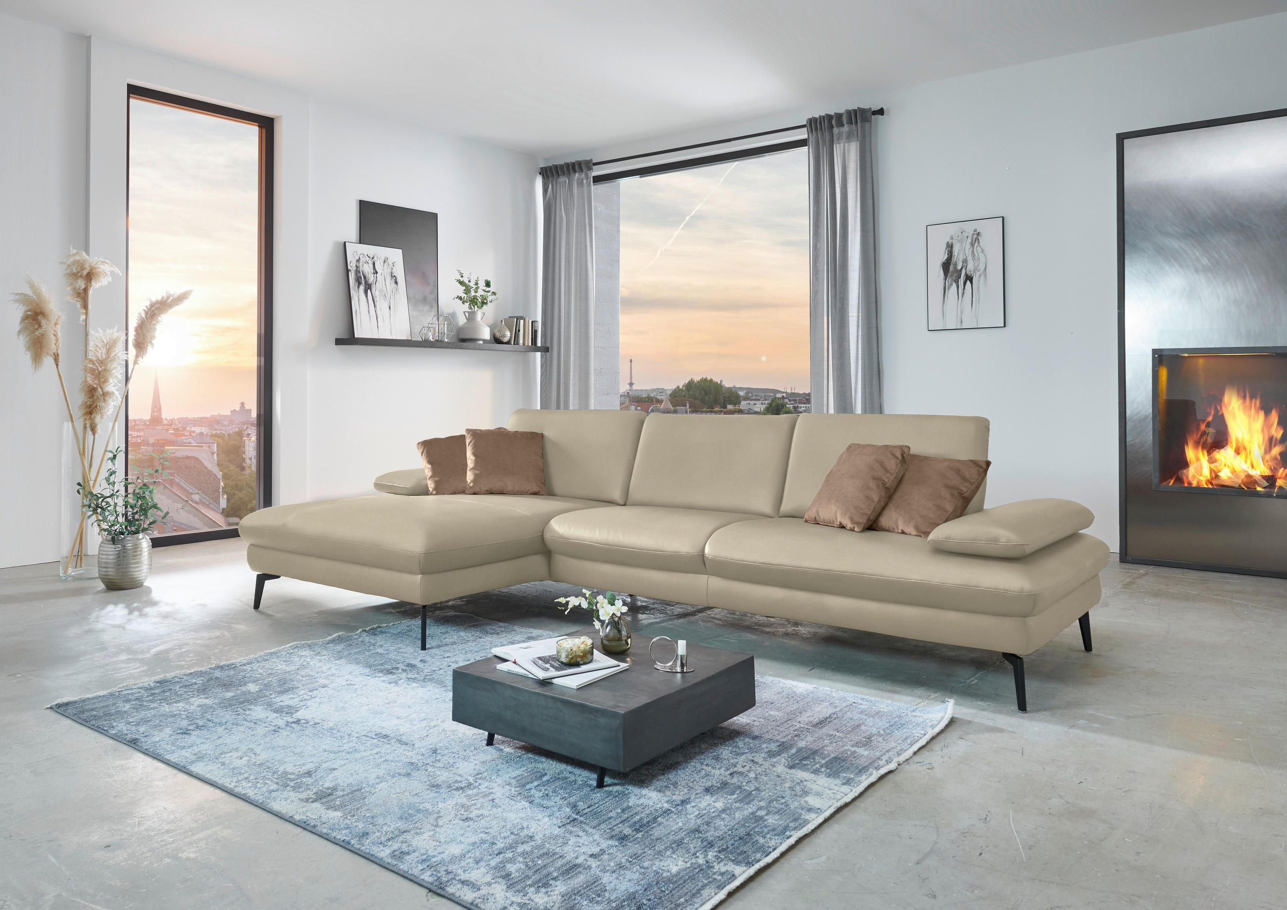 ECKSOFA in Echtleder Naturfarben  - Schwarz/Naturfarben, Design, Leder/Metall (157/325cm) - Dieter Knoll