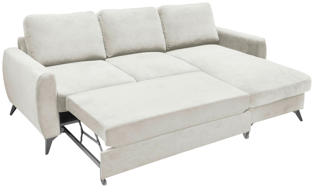ECKSCHLAFSOFA JEFFREY Mikrovelours Creme  inkl. Zierkissen, Rückenkissen, Stauraum  - Taupe/Creme, KONVENTIONELL, Textil/Metall (230/150cm) - Livetastic