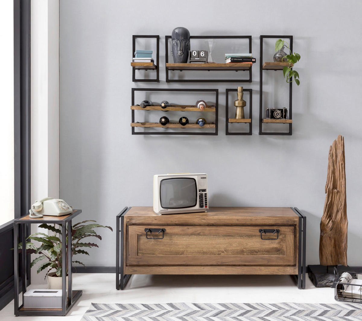 SCHUHSCHRANK Akazie massiv Naturfarben, Schwarz  - Schwarz/Naturfarben, Design, Holz/Metall (130/50/40cm) - MID.YOU