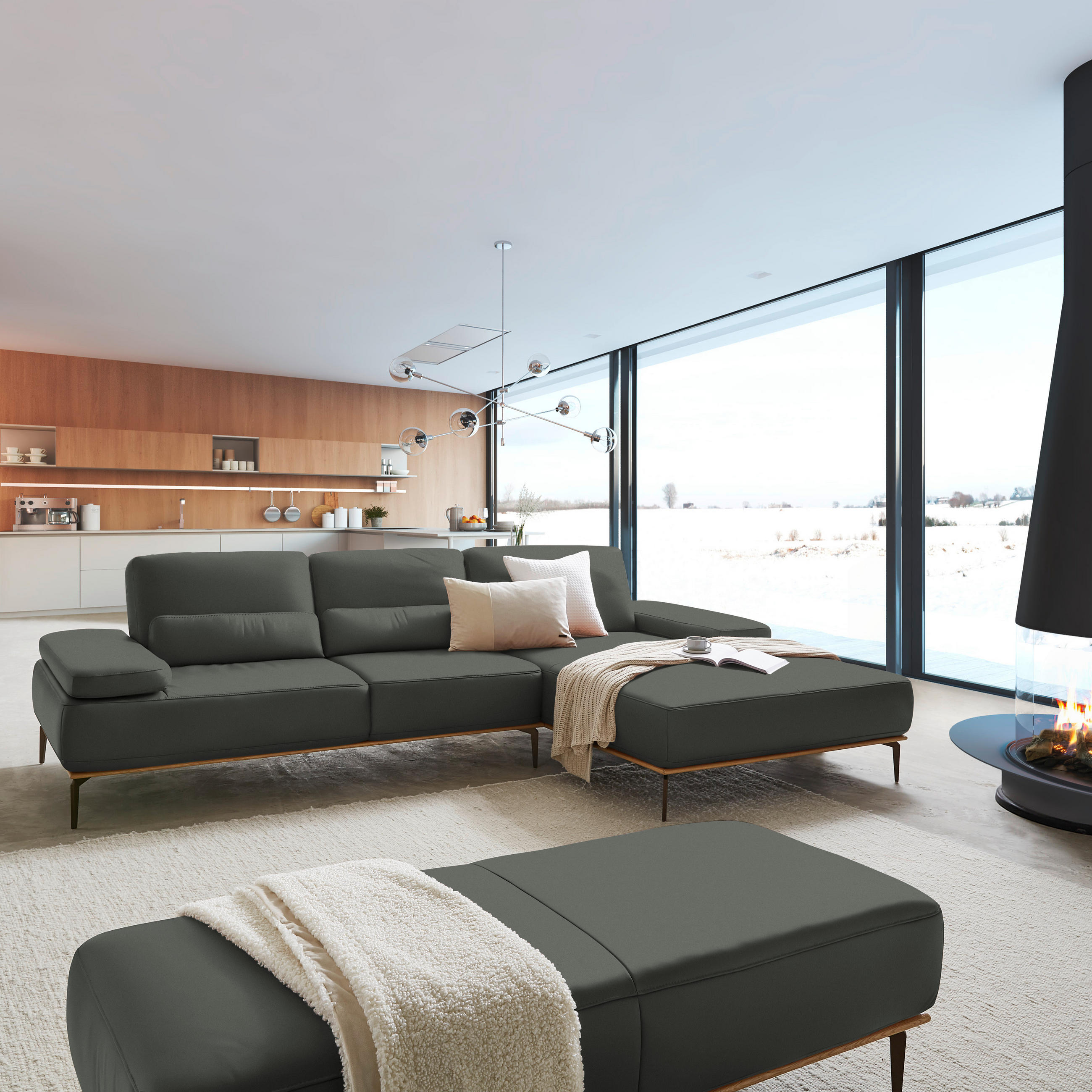 ECKSOFA in Echtleder Anthrazit  - Anthrazit/Bronzefarben, Design, Leder/Holz (314/176cm) - Valnatura