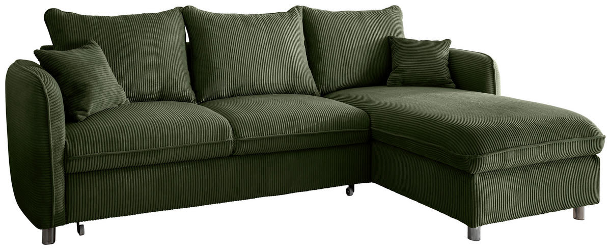 ECKSCHLAFSOFA in Cord Dunkelgrün  - Chromfarben/Dunkelgrün, Modern, Textil/Metall (254/160cm) - Livetastic