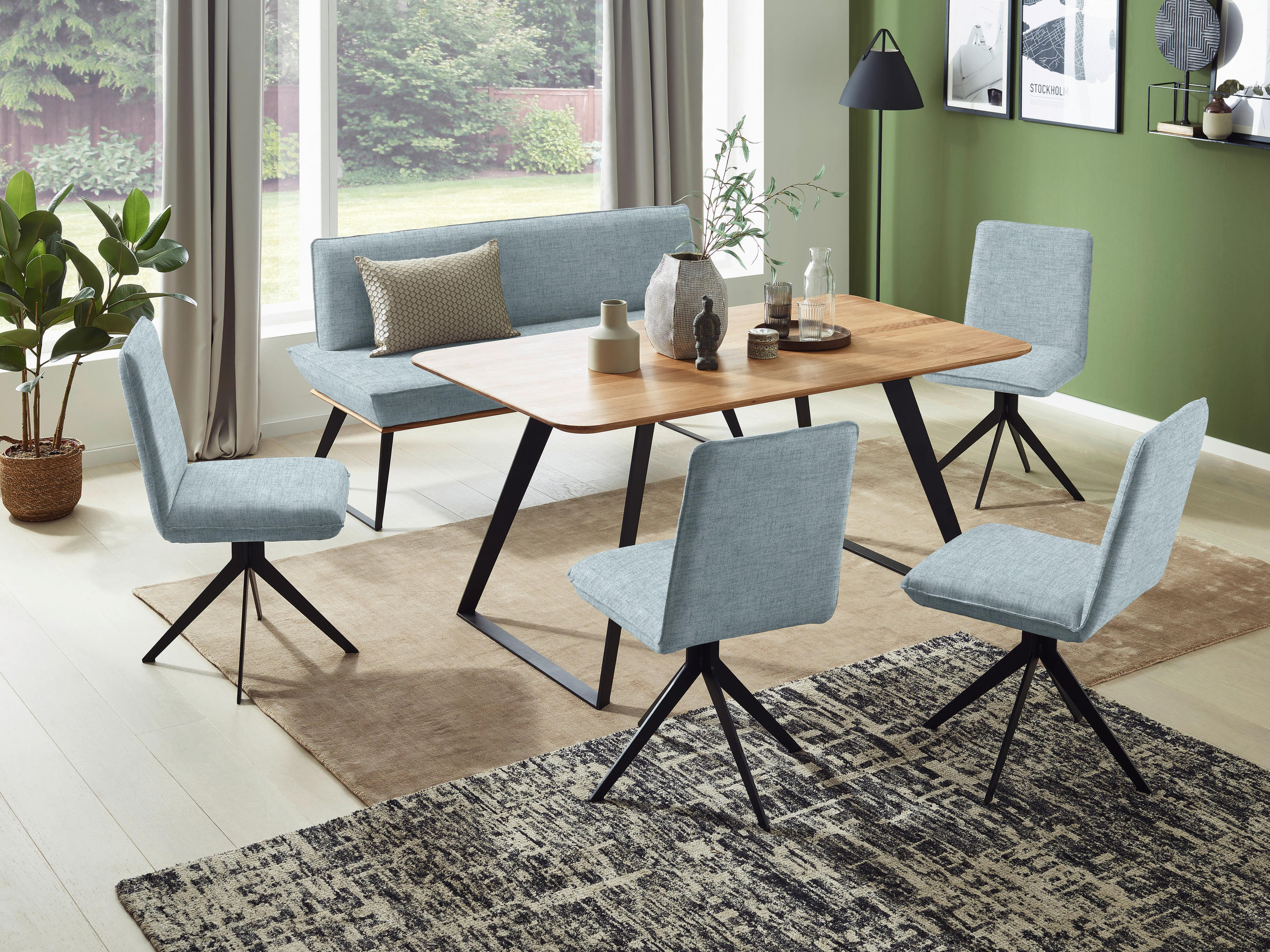 SITZBANK 160/87/64 cm Webstoff Schwarz, Eichefarben, Hellblau Eiche massiv Metall  - Eichefarben/Schwarz, Design, Holz/Textil (160/87/64cm) - Voleo