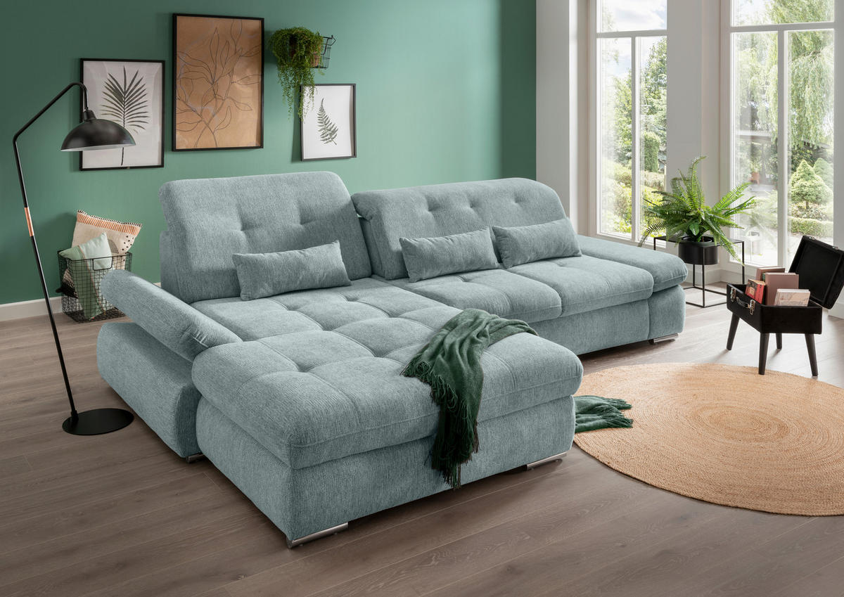 ECKSOFA Blau Chenille  - Chromfarben/Blau, Design, Textil/Metall (196/300cm) - Livetastic