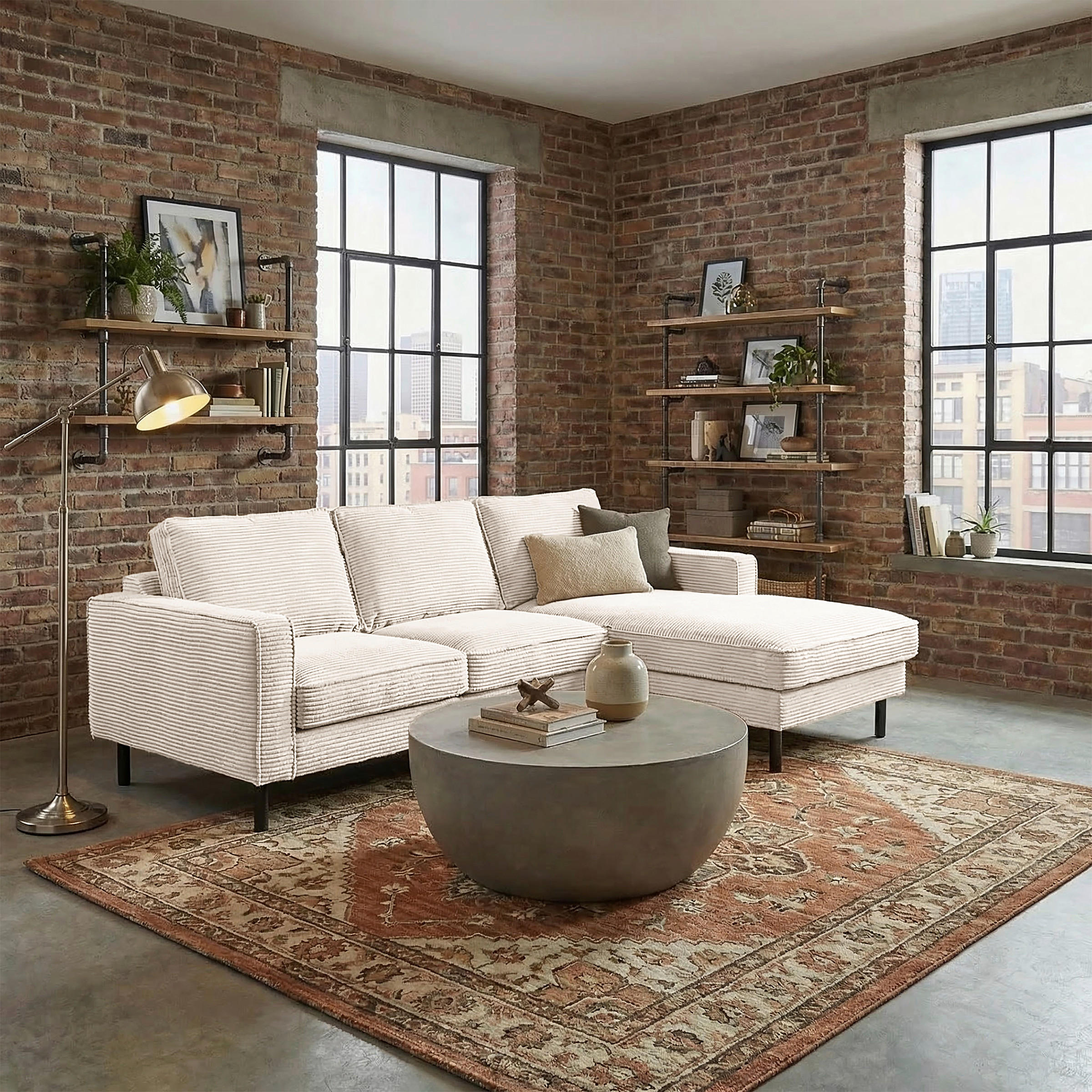 ECKSOFA Cord Creme  - Creme/Schwarz, Design, Textil/Metall (238/166cm) - Livetastic