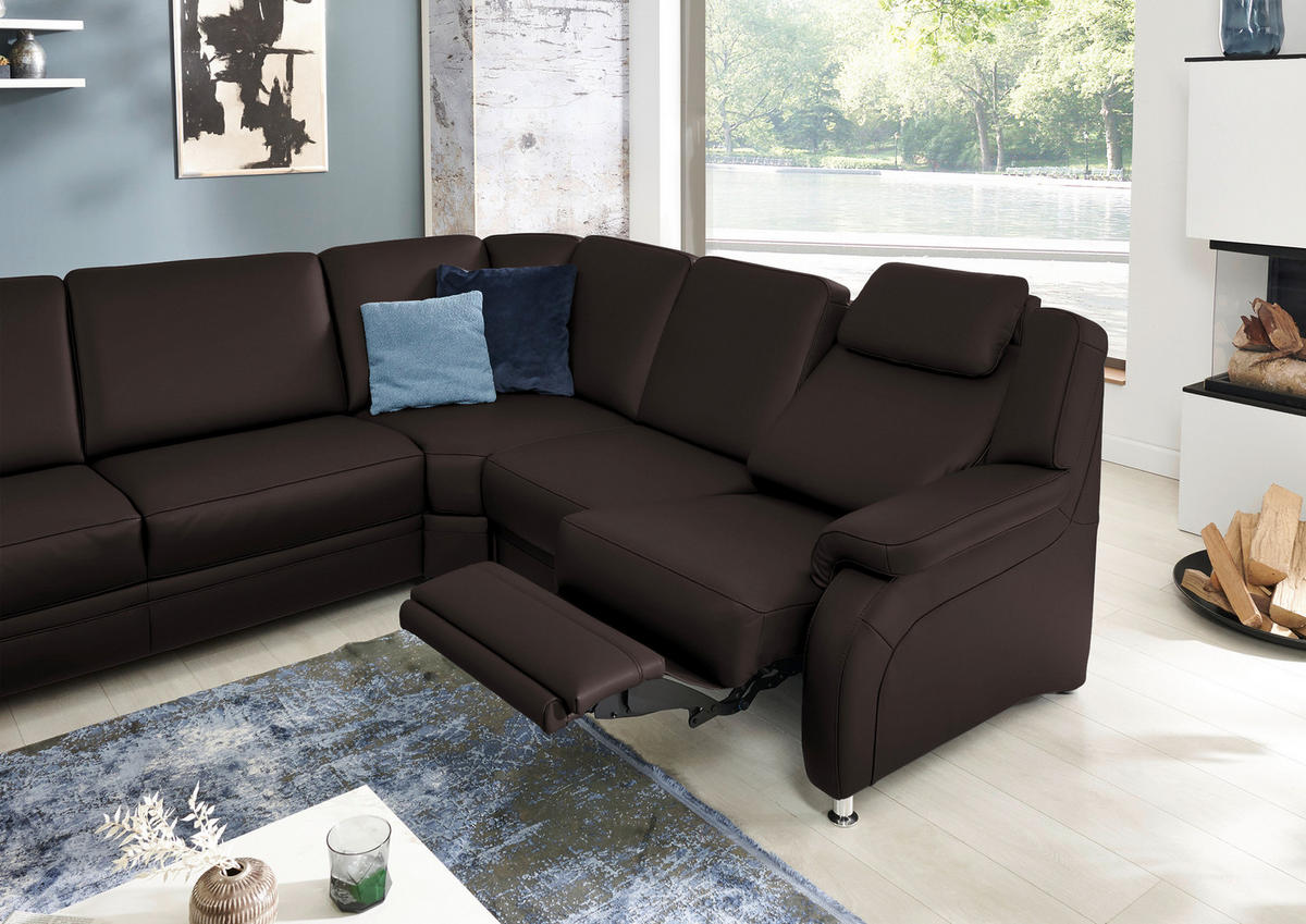 WOHNLANDSCHAFT Echtleder Schwarzbraun  - Schwarzbraun/Alufarben, Konventionell, Leder/Metall (165/329/239cm) - Beldomo Premium