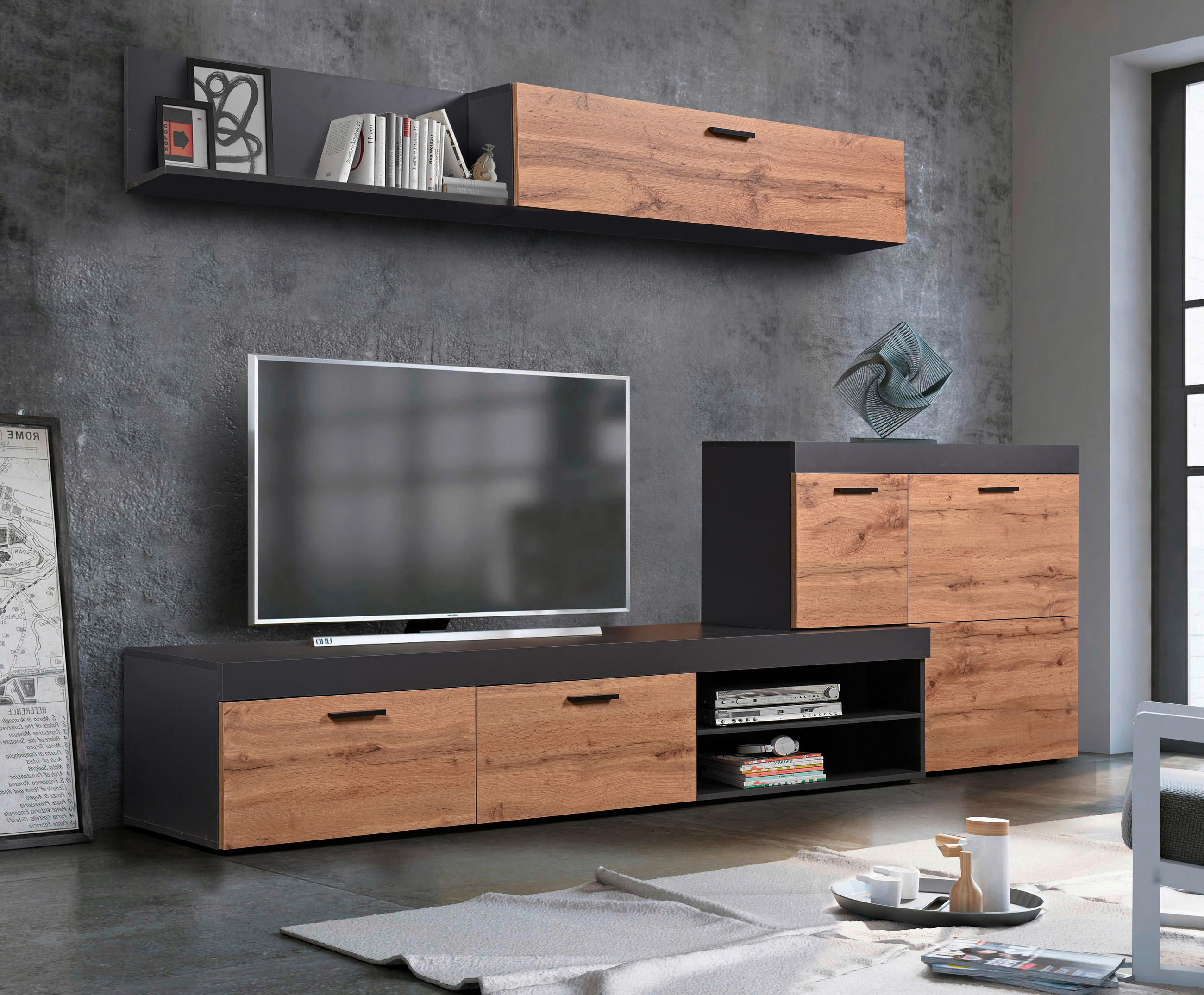 DNEVNI REGAL, barve grafita, hrast sonoma - barve grafita/hrast sonoma, Basics, leseni material (255/180/42cm) - Ti'me