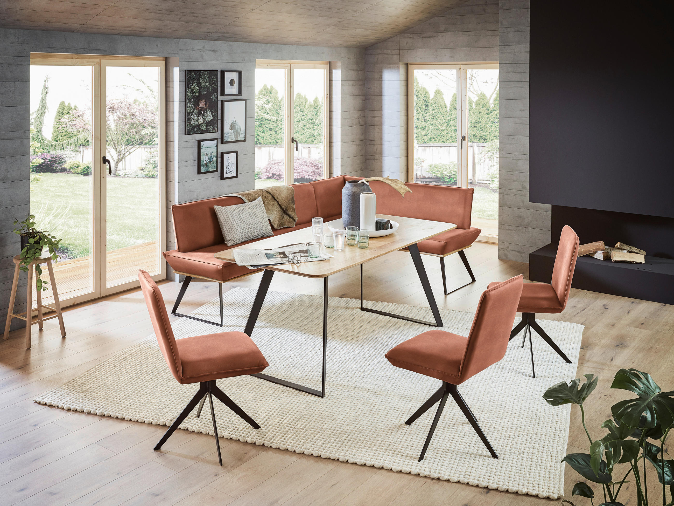 ECKBANK 243/163 cm Lederlook Schwarz, Eichefarben, Rotbraun Eiche massiv Metall   - Rotbraun/Eichefarben, Design, Holz/Textil (243/163cm) - Voleo