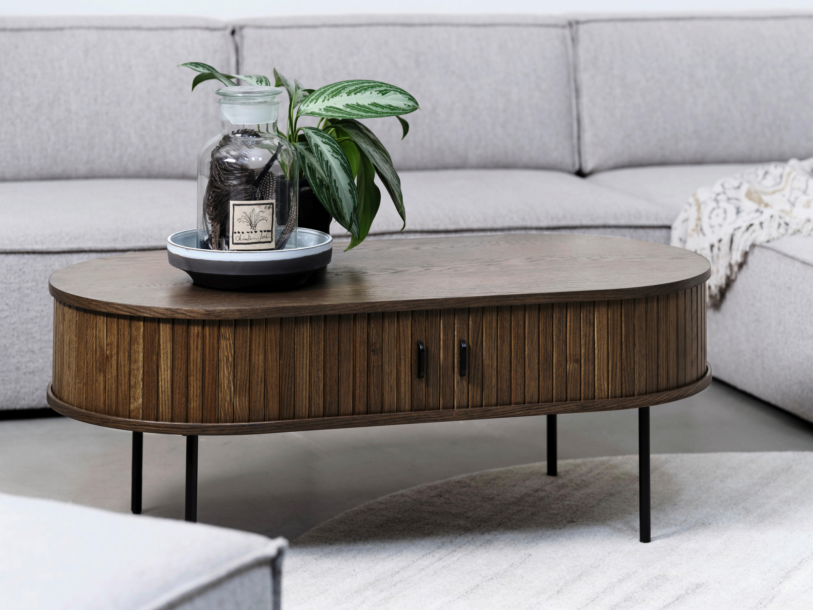 COUCHTISCH furniert 120/60/45 cm oval Eichefarben  - Eichefarben/Schwarz, Trend, Holzwerkstoff/Metall (120/60/45cm) - home24