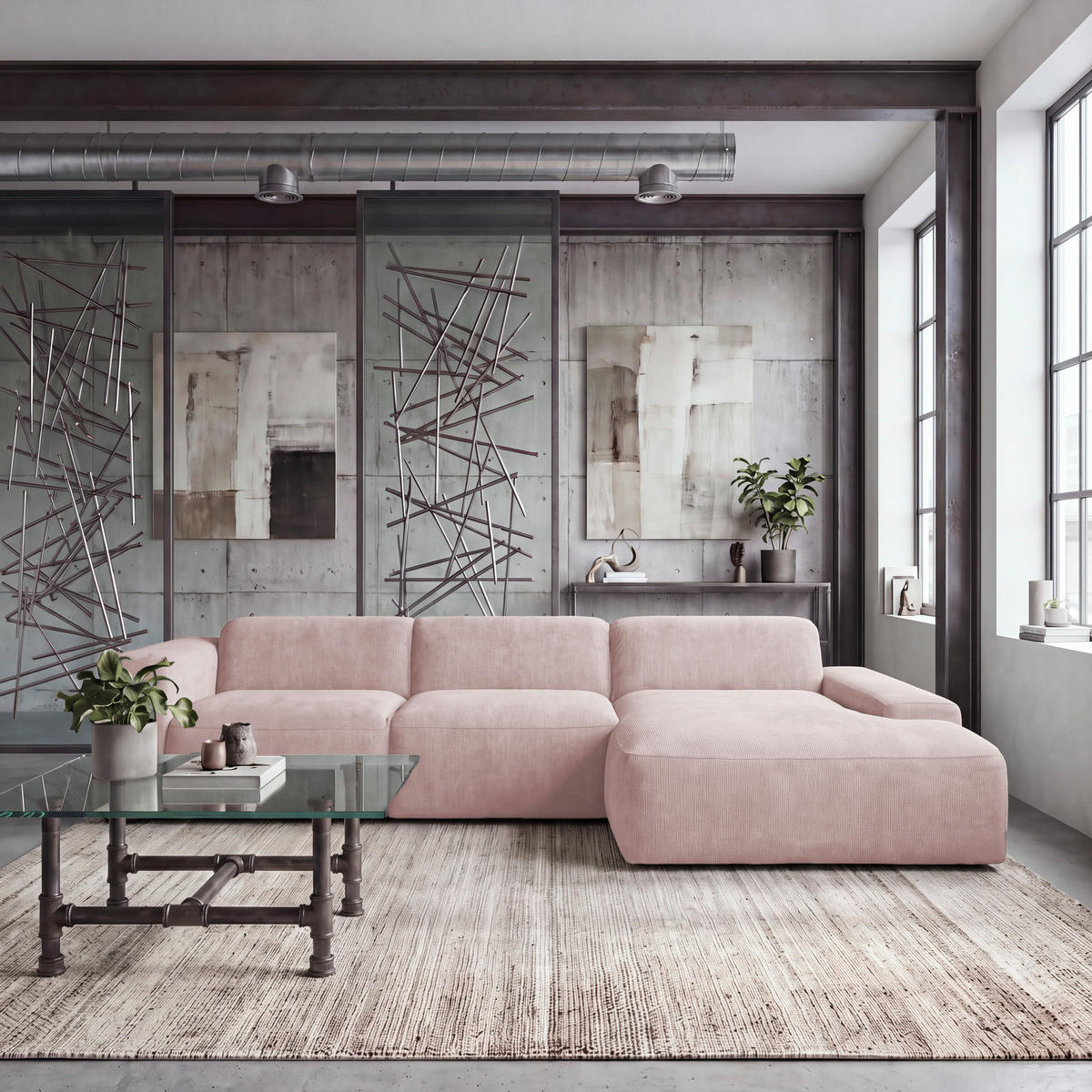 ECKSOFA HANNAH Rosa Cord  - Schwarz/Rosa, Design, Kunststoff/Textil (343/170cm) - MID.YOU