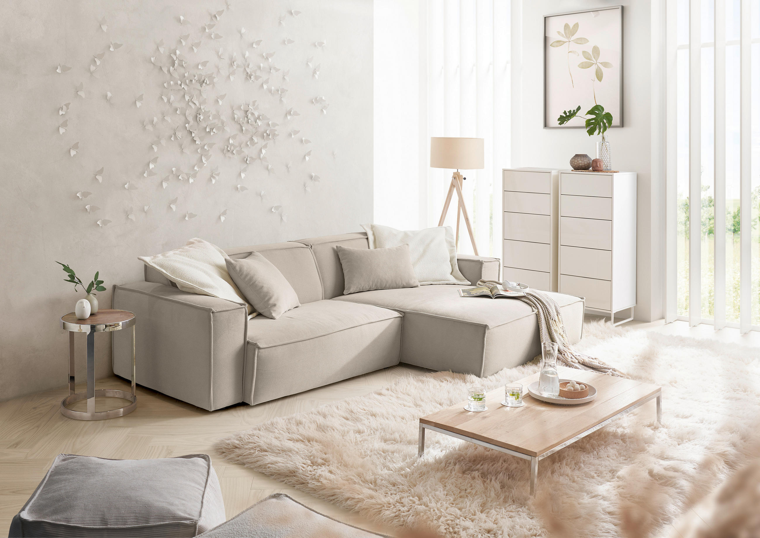 ECKSOFA Sandfarben Feincord - Sandfarben/Schwarz, KONVENTIONELL, Kunststoff/Textil (276/168cm) - Hom`in