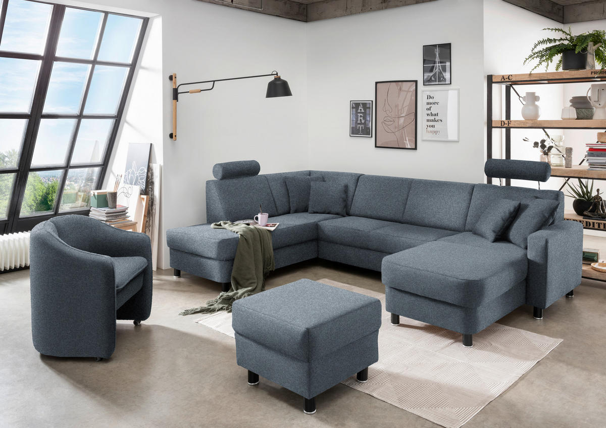 WOHNLANDSCHAFT  in Webstoff Blaugrau  - Blaugrau/Schwarz, Design, Holz/Textil (198/296/165cm) - Xora