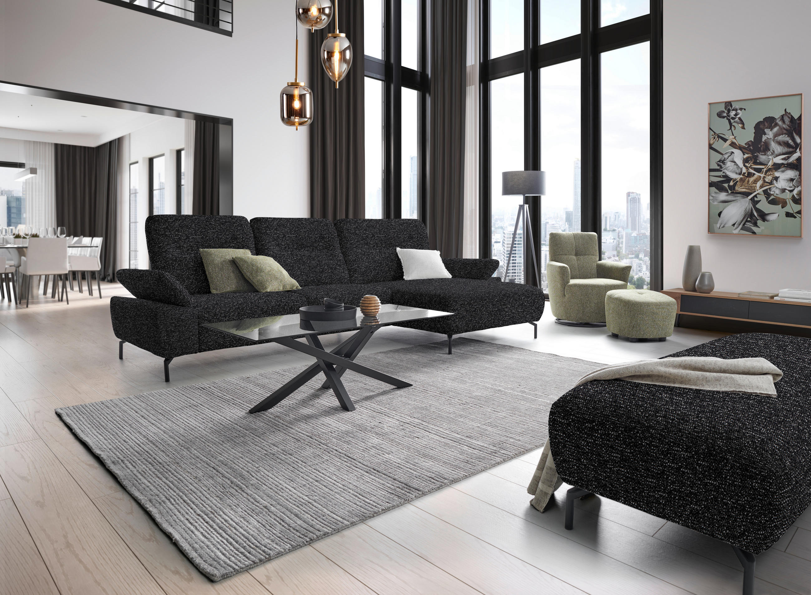 ECKSOFA in Chenille, Flachgewebe Schwarz  - Schwarz, Design, Textil/Metall (318/165cm) - Xora