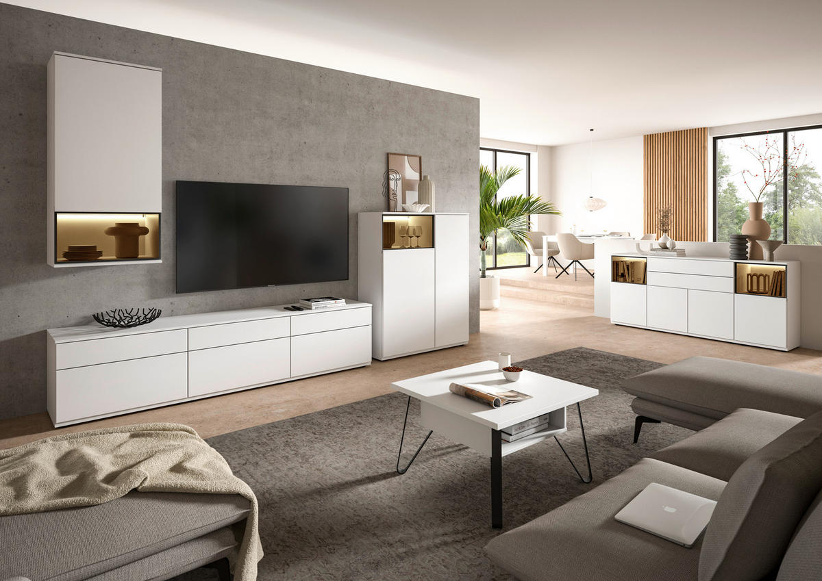 WOHNWAND  in Weiß  345/215/45 cm  - Schwarz/Weiß, KONVENTIONELL, Glas/Holzwerkstoff (345/215/45cm) - Venda