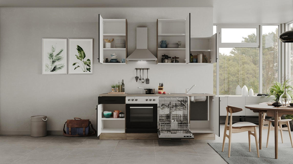 KUCHYŇSKÁ LINKA CAPRI 220 - černá/barvy dubu, Moderní, kov/kompozitní dřevo (220cm) - FlexWell