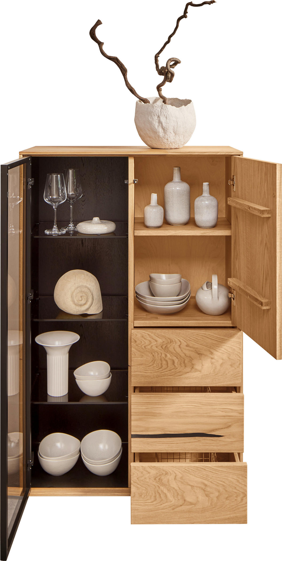 HIGHBOARD  in 83/129/40 cm  - Eichefarben/Schwarz, Natur, Glas/Holz (83/129/40cm) - Waldwelt