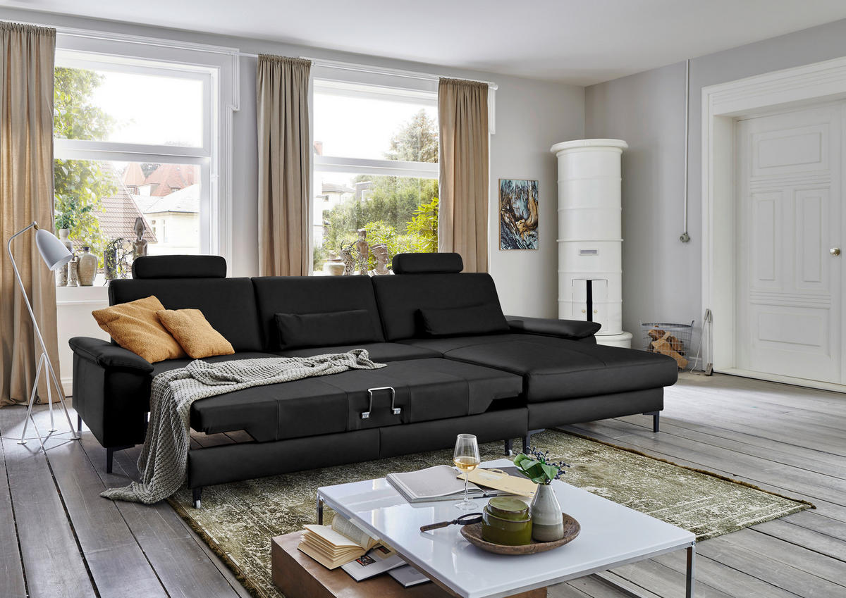 ECKSOFA in Echtleder Schwarz  334/176 cm  - Schwarz, Design, Leder/Metall (334/176cm) - Dieter Knoll