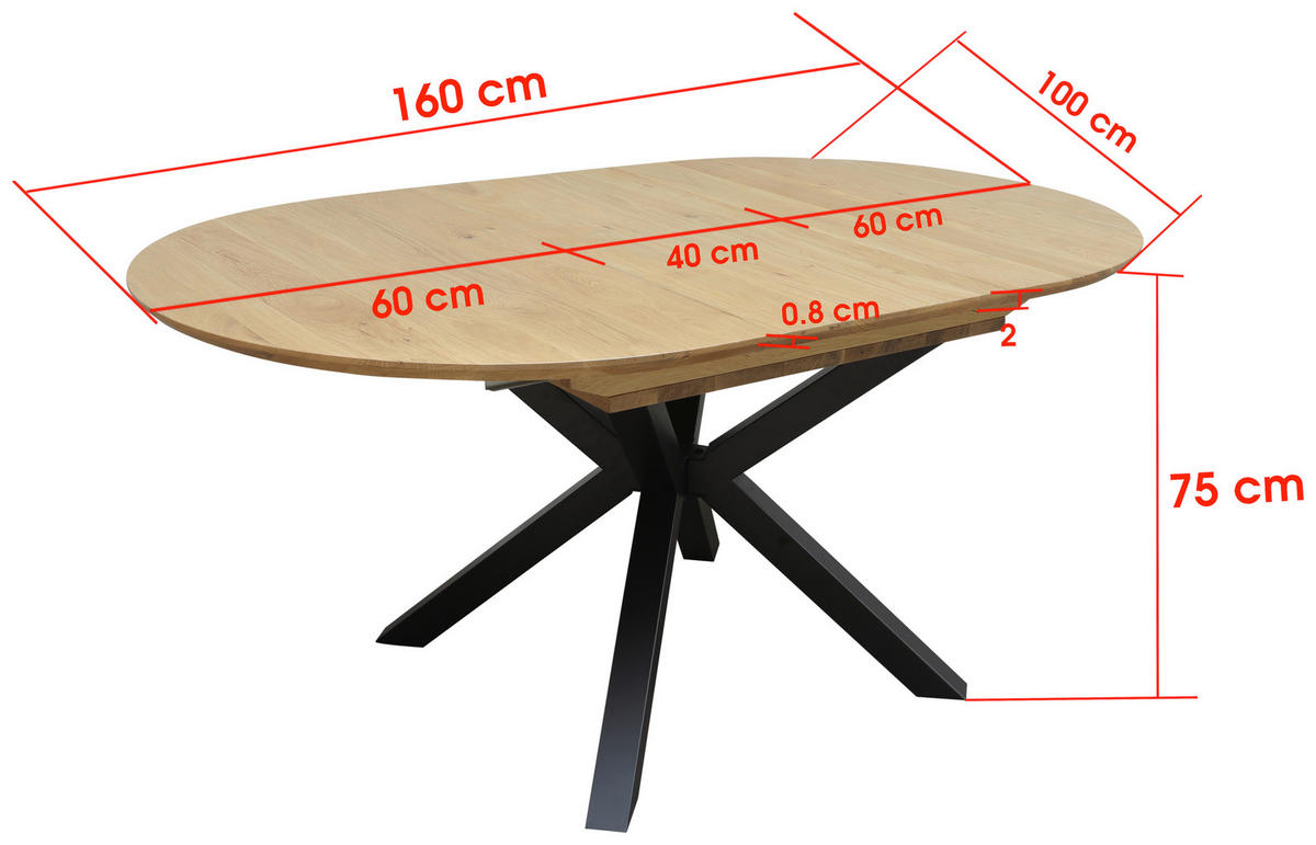 ESSTISCH 120-160/100/75 cm Echtholz  Holz, Metall oval Eichefarben  - Eichefarben, KONVENTIONELL, Holz/Metall (120-160/100/75cm) - VanDerken