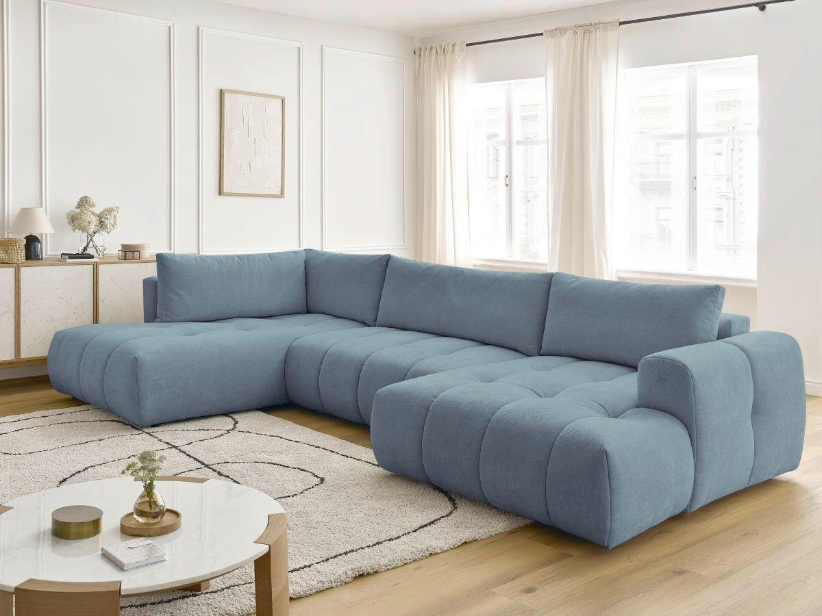 WOHNLANDSCHAFT  FUJI  Hellblau Leinenoptik  - Schwarz/Hellblau, MODERN, Kunststoff/Textil (204/377/160cm)