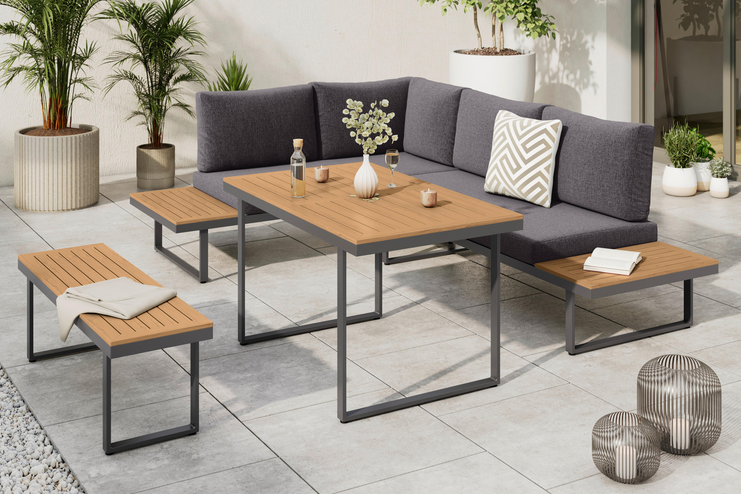 LOUNGEGARNITUR 4-teilig   Aluminium, Stahl  - Dunkelgrau/Naturfarben, MODERN, Kunststoff/Textil - Ambia Garden