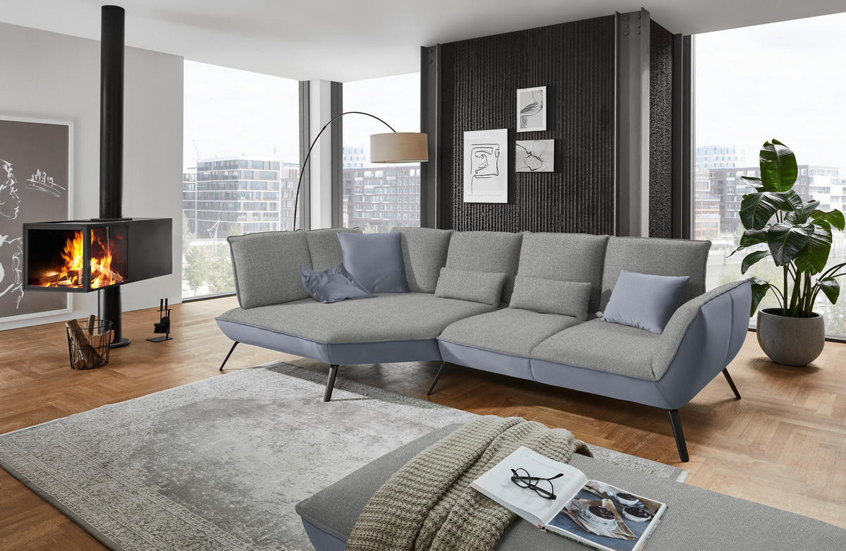 ECKSOFA in Flachgewebe Hellgrau  169/320 cm  - Hellgrau/Schwarz, Design, Textil/Metall (169/320cm) - Moderano