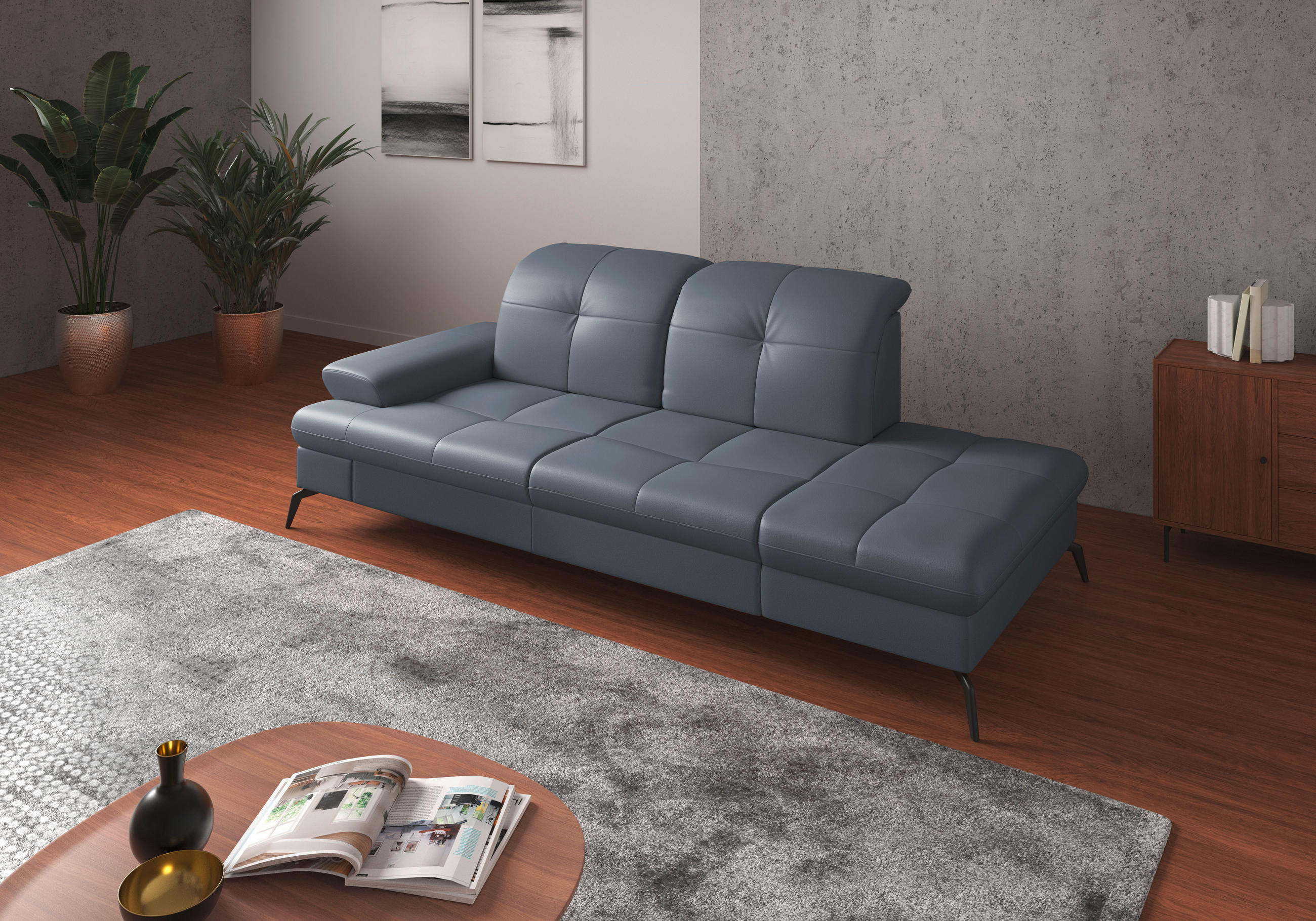 RÉCAMIERE Graublau Kombination Echtleder/Stoff Vliesstoff  - Graublau/Schwarz, KONVENTIONELL, Leder/Textil (231/90/122cm) - Sit & More