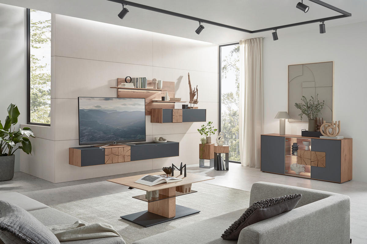 WOHNWAND  in Anthrazit, Eichefarben 343/196/44 cm  - Eichefarben/Anthrazit, Design, Glas/Holz (343/196/44cm) - Valnatura