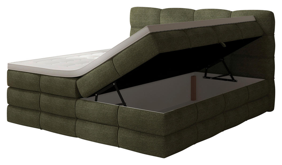 BOXSPRINGBETT 160/200 cm,  in Grün, gepolstertes Kopfteil, Bettkasten, Topper, Matratzen, H3 + H3 = fest  - Schwarz/Grün, Design, Kunststoff/Textil (160/200cm) - Chameo