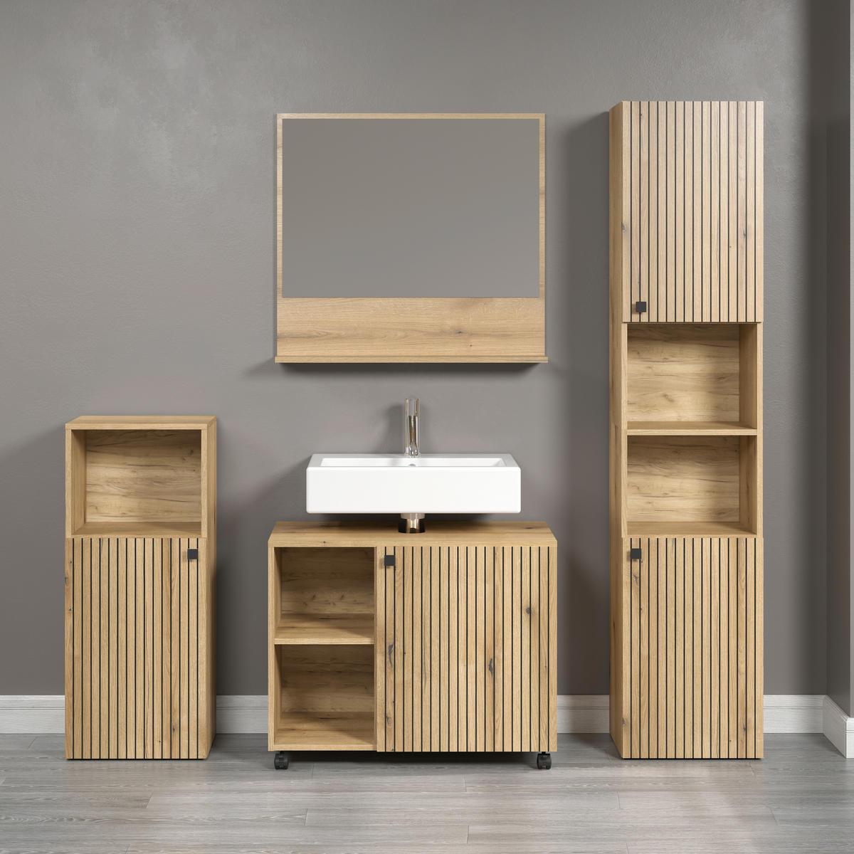 BADEZIMMER 4-teilig  in  - Eichefarben/Schwarz, Trend, Holzwerkstoff/Kunststoff (180/186/42cm) - MID.YOU