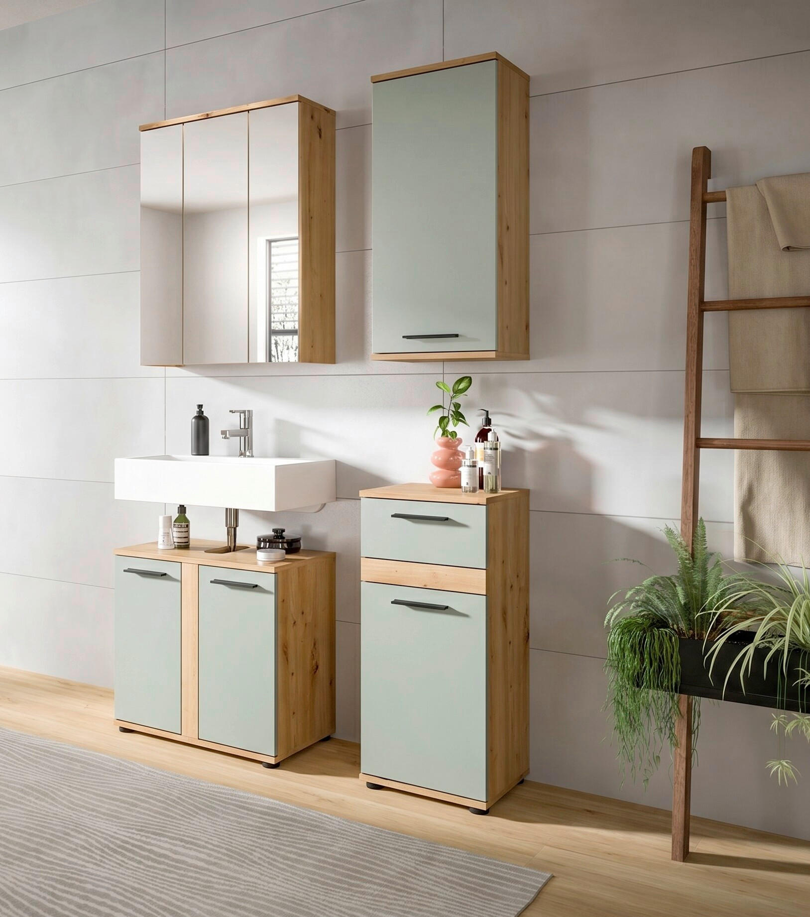BADEZIMMER 4-teilig  in 110 cm  - Salbeigrün/Schwarz, Trend, Glas/Holzwerkstoff (110cm) - MID.YOU