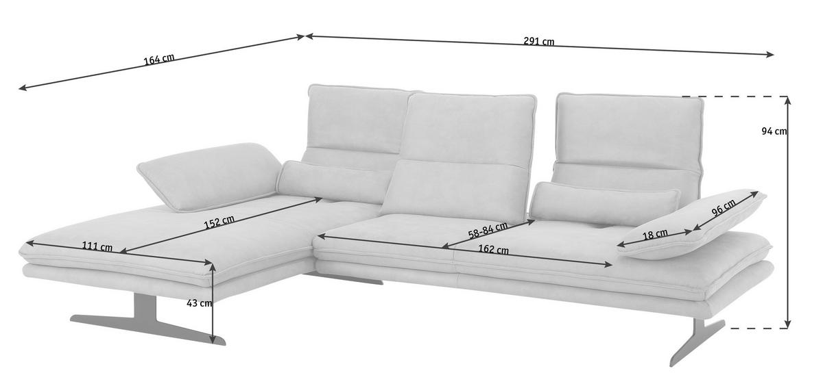ECKSOFA Anthrazit Flachgewebe  - Edelstahlfarben/Anthrazit, Design, Textil/Metall (164/291cm) - Chilliano